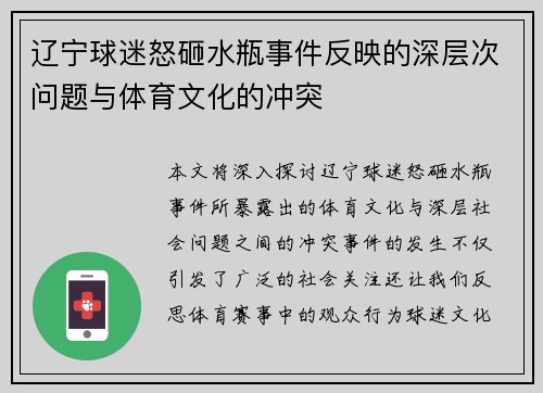 辽宁球迷怒砸水瓶事件反映的深层次问题与体育文化的冲突 辽宁球迷怒砸水瓶事件反映的深层次问题与体育文化的冲突