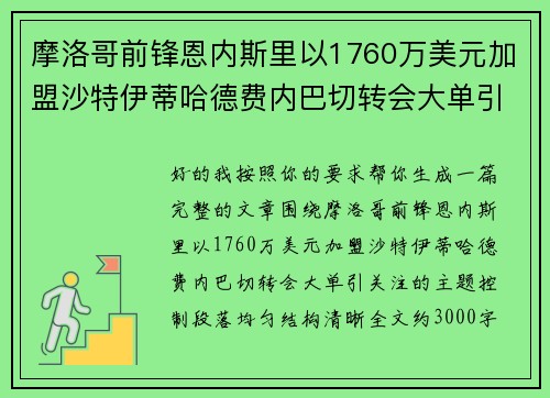 摩洛哥前锋恩内斯里以1760万美元加盟沙特伊蒂哈德费内巴切转会大单引关注