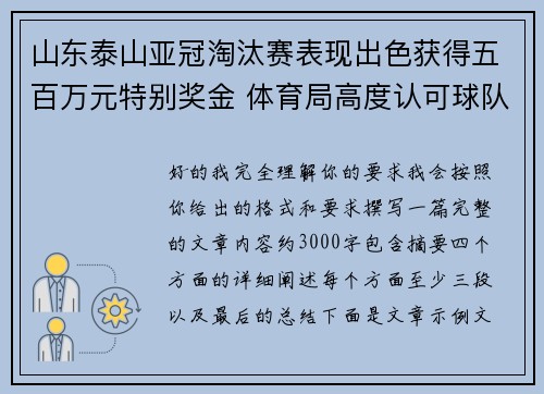 山东泰山亚冠淘汰赛表现出色获得五百万元特别奖金 体育局高度认可球队努力